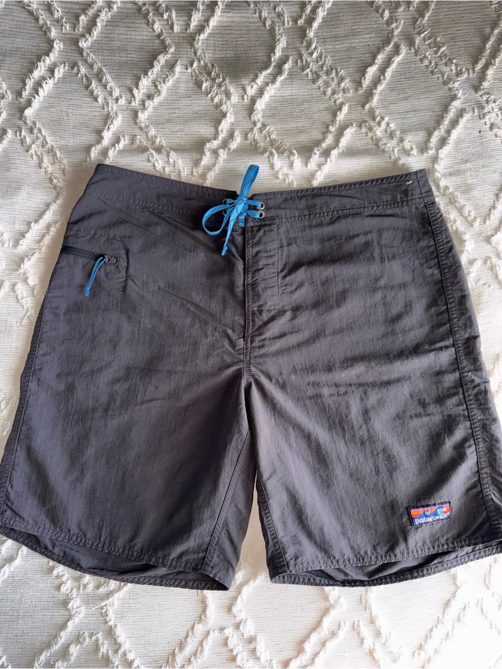Patagonia Men’s Swim Board Shorts with Blue Drawcord unique wave logo patch